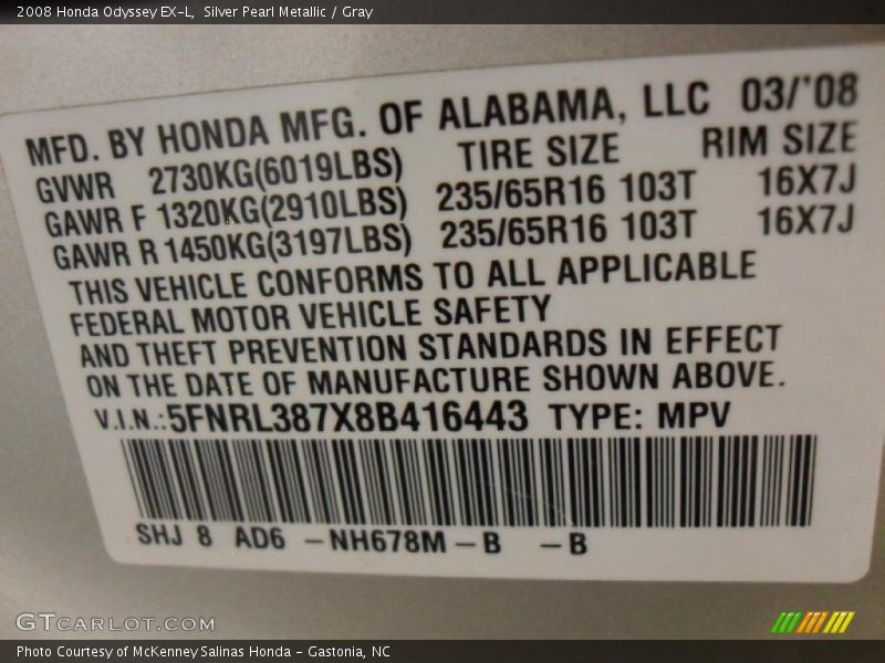 Silver Pearl Metallic / Gray 2008 Honda Odyssey EX-L