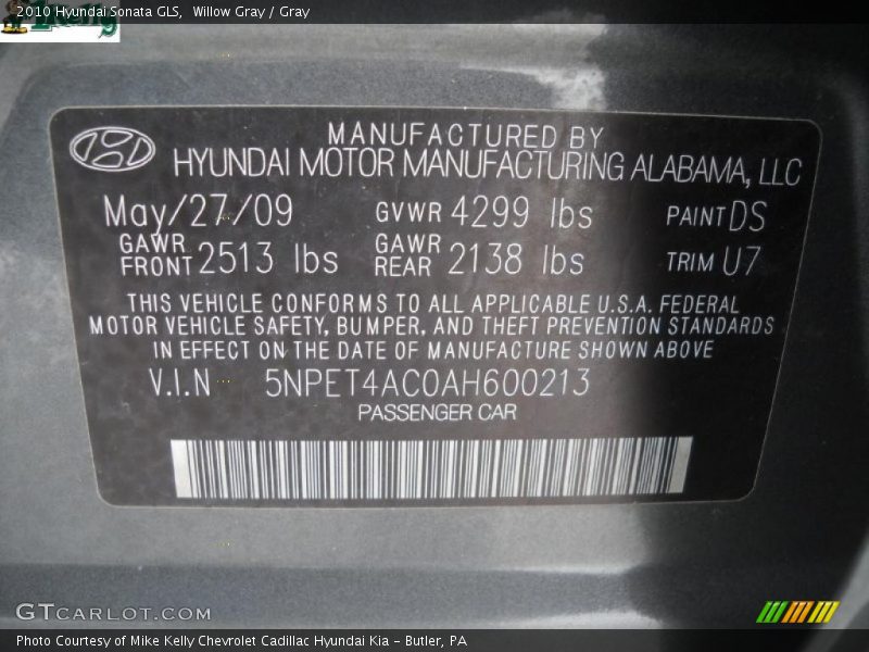 Willow Gray / Gray 2010 Hyundai Sonata GLS