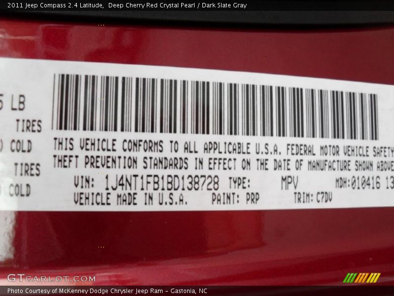 2011 Compass 2.4 Latitude Deep Cherry Red Crystal Pearl Color Code PRP