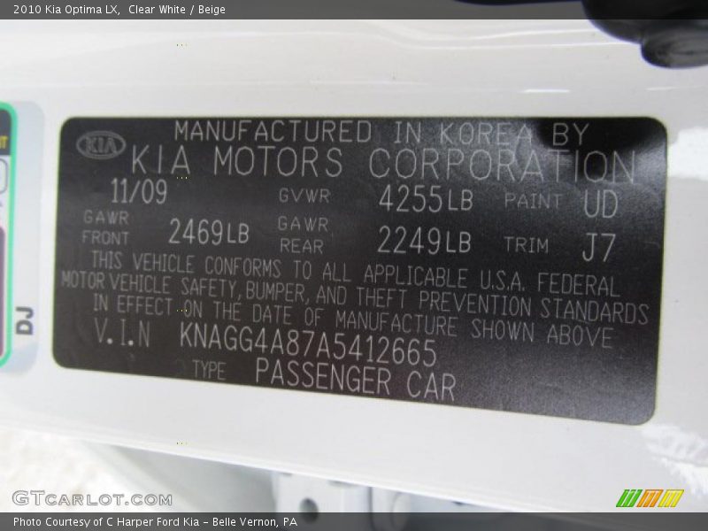 Clear White / Beige 2010 Kia Optima LX