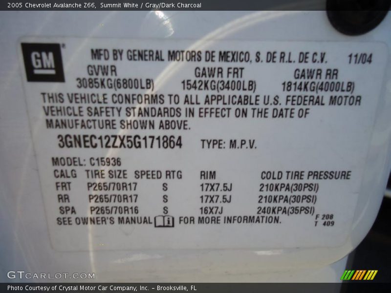 Summit White / Gray/Dark Charcoal 2005 Chevrolet Avalanche Z66