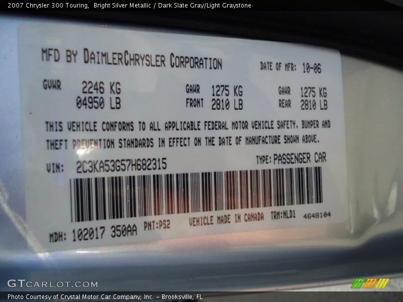 Bright Silver Metallic / Dark Slate Gray/Light Graystone 2007 Chrysler 300 Touring