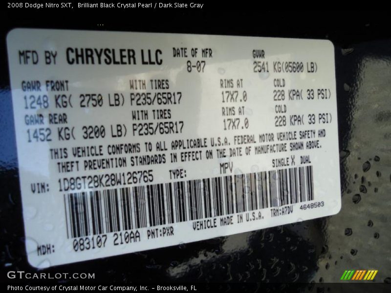 Brilliant Black Crystal Pearl / Dark Slate Gray 2008 Dodge Nitro SXT