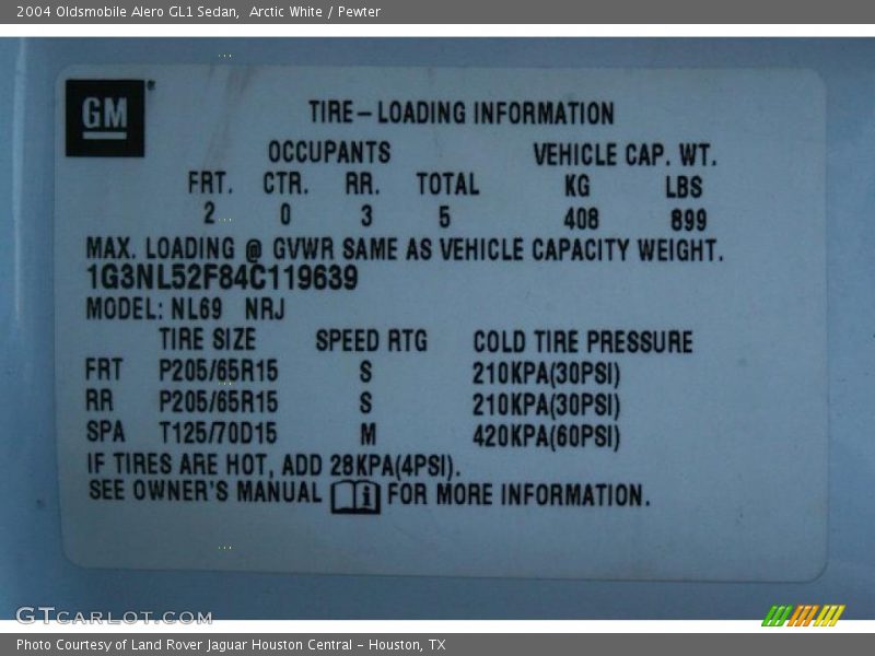 Info Tag of 2004 Alero GL1 Sedan