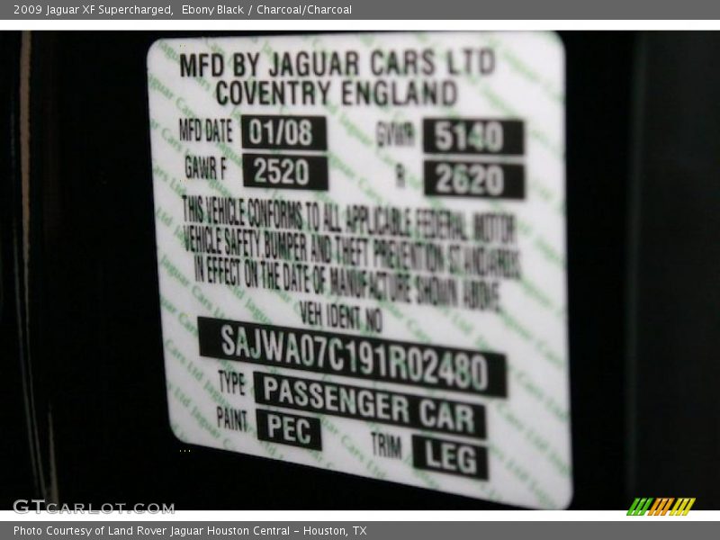 Ebony Black / Charcoal/Charcoal 2009 Jaguar XF Supercharged