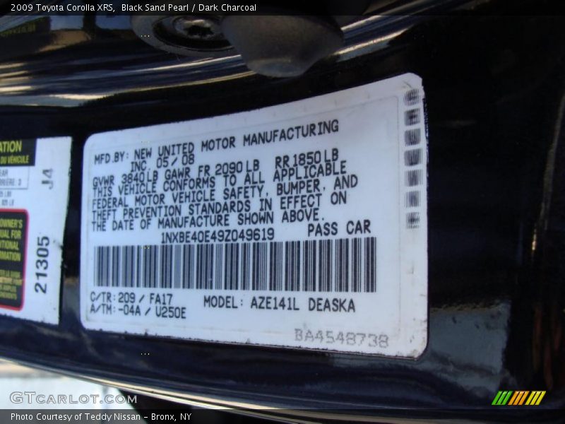 2009 Corolla XRS Black Sand Pearl Color Code 209