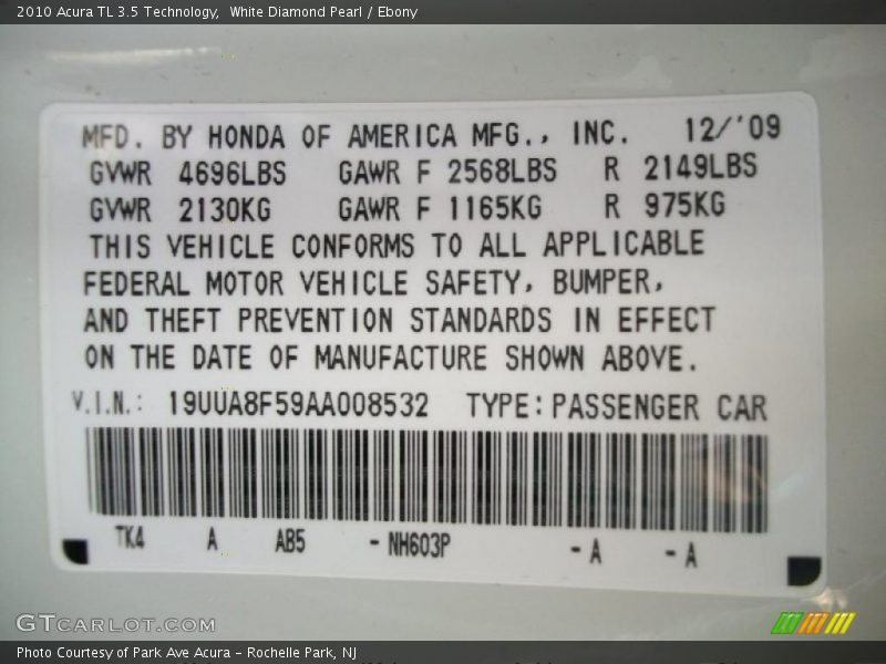 White Diamond Pearl / Ebony 2010 Acura TL 3.5 Technology