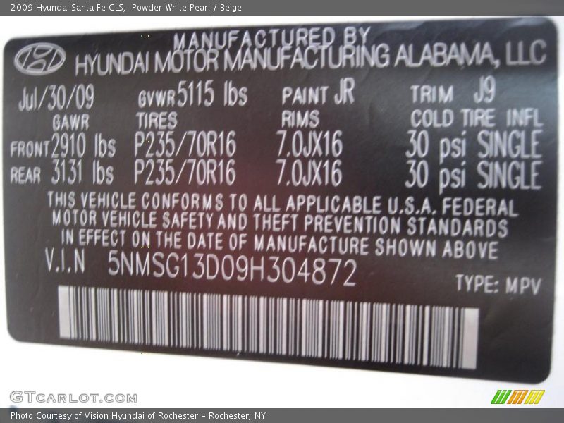 Powder White Pearl / Beige 2009 Hyundai Santa Fe GLS