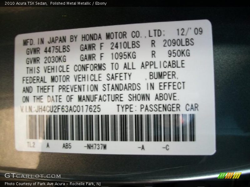 Polished Metal Metallic / Ebony 2010 Acura TSX Sedan