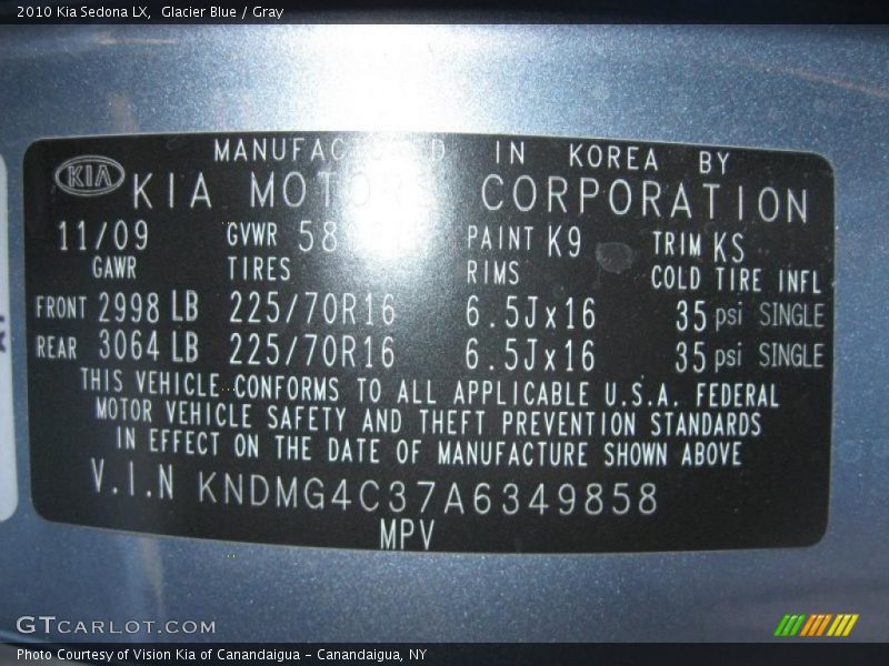 Glacier Blue / Gray 2010 Kia Sedona LX