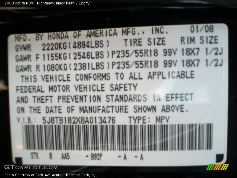 Nighthawk Black Pearl / Ebony 2008 Acura RDX