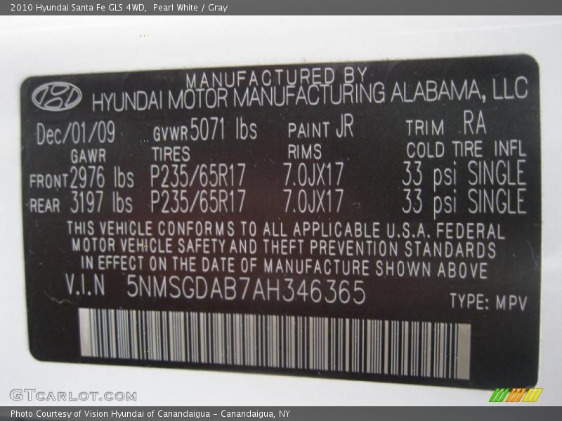 Pearl White / Gray 2010 Hyundai Santa Fe GLS 4WD