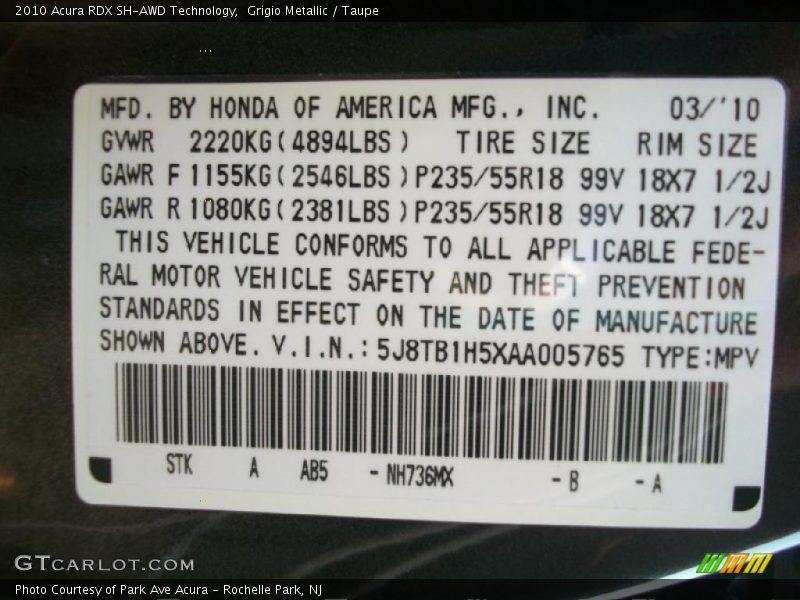 2010 RDX SH-AWD Technology Grigio Metallic Color Code NH736MX
