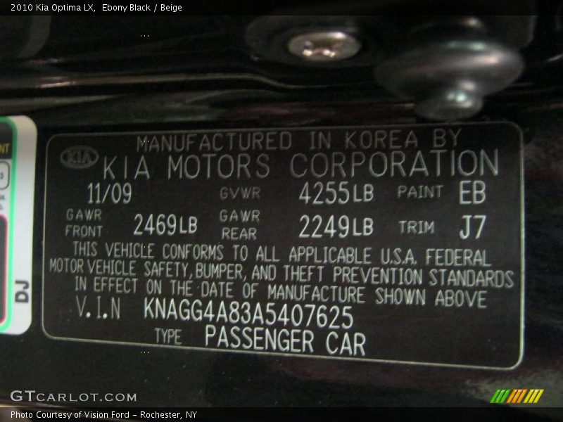 Ebony Black / Beige 2010 Kia Optima LX