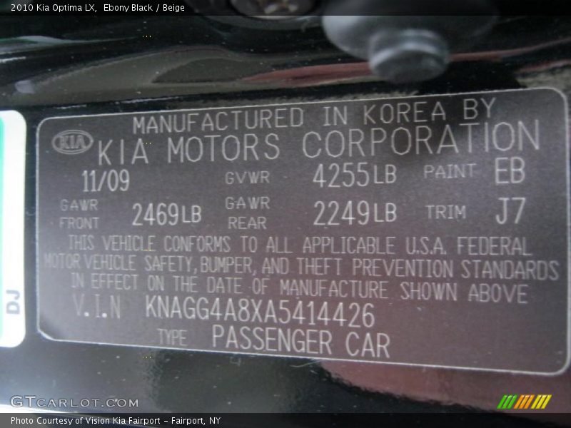 Ebony Black / Beige 2010 Kia Optima LX