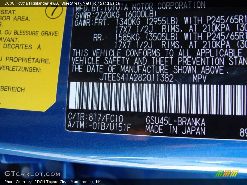 Blue Streak Metallic / Sand Beige 2008 Toyota Highlander 4WD