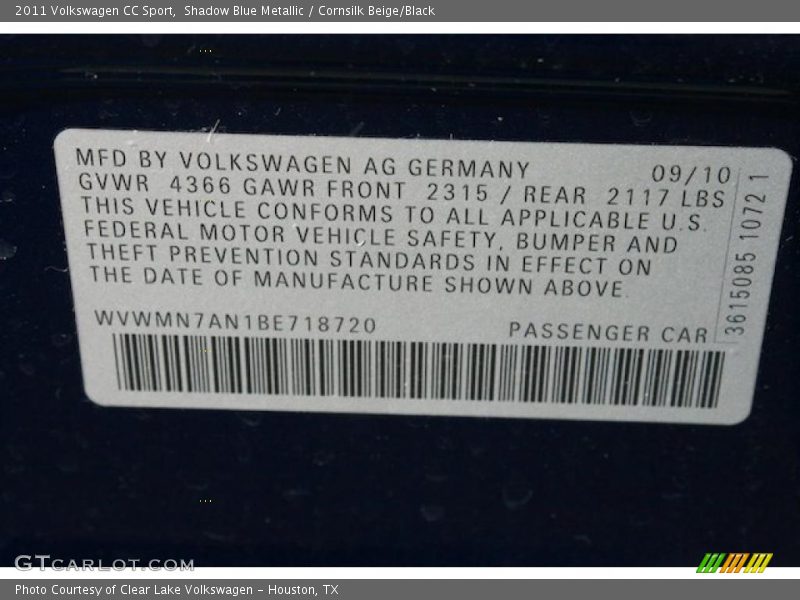 Shadow Blue Metallic / Cornsilk Beige/Black 2011 Volkswagen CC Sport