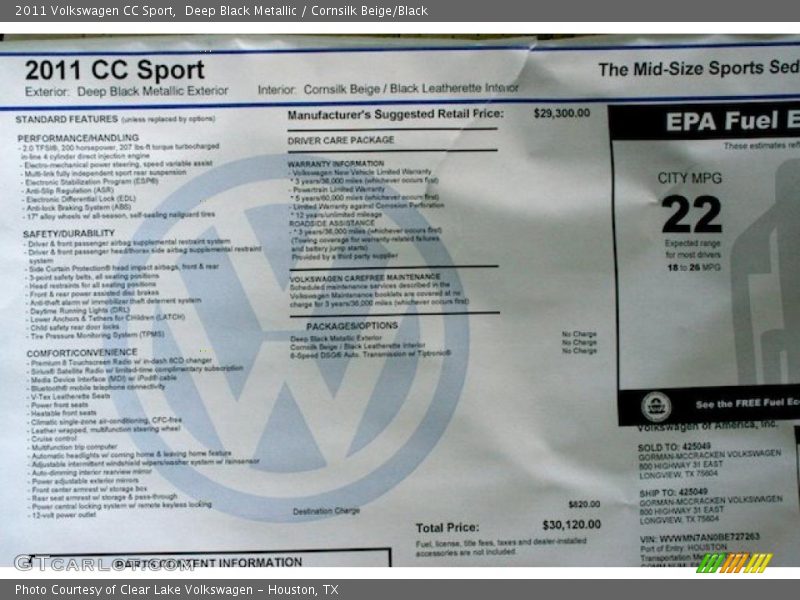 Deep Black Metallic / Cornsilk Beige/Black 2011 Volkswagen CC Sport