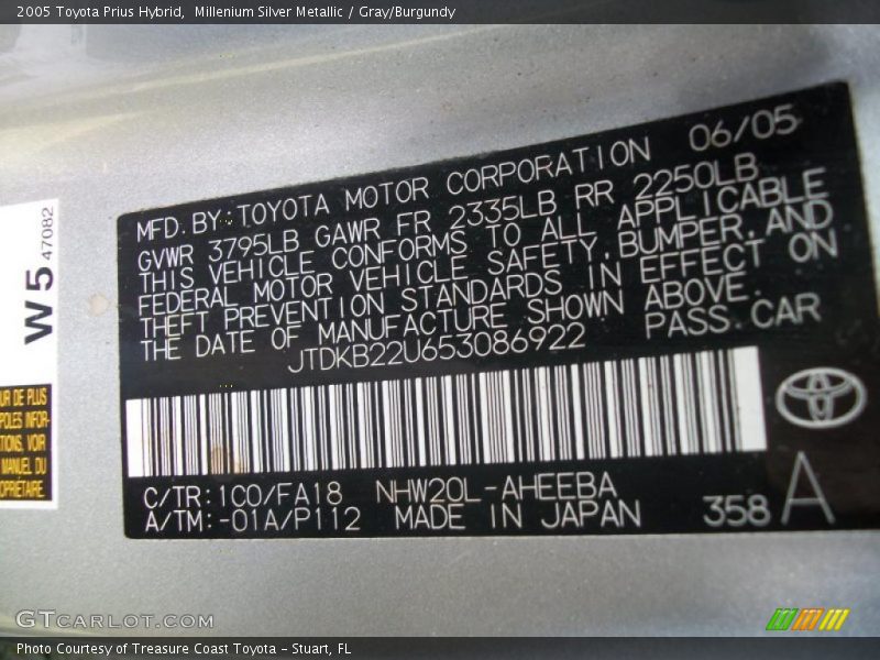 2005 Prius Hybrid Millenium Silver Metallic Color Code 1C0