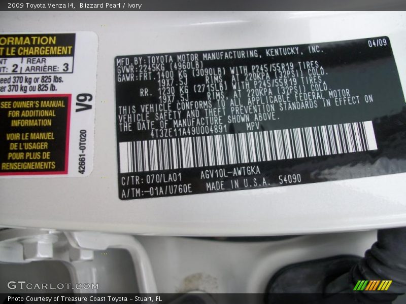 Blizzard Pearl / Ivory 2009 Toyota Venza I4