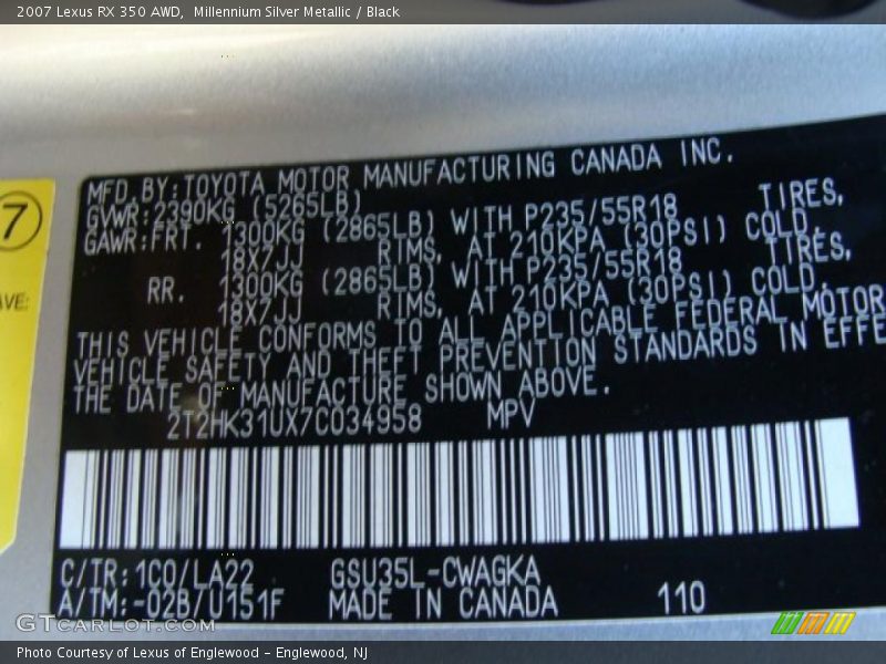 Millennium Silver Metallic / Black 2007 Lexus RX 350 AWD