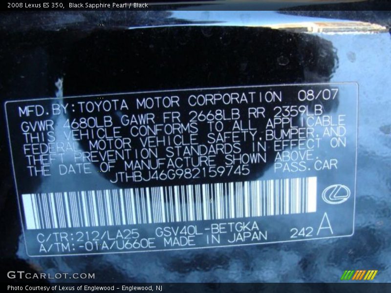 Black Sapphire Pearl / Black 2008 Lexus ES 350