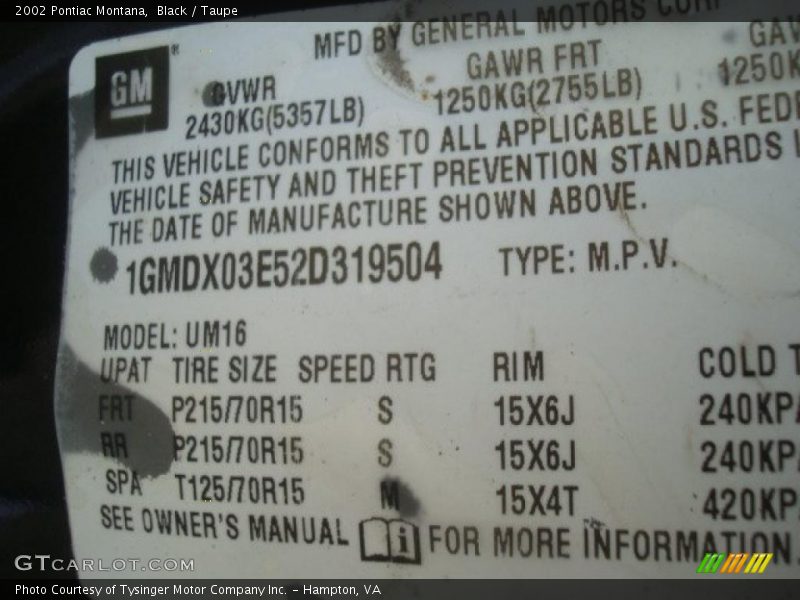 Black / Taupe 2002 Pontiac Montana