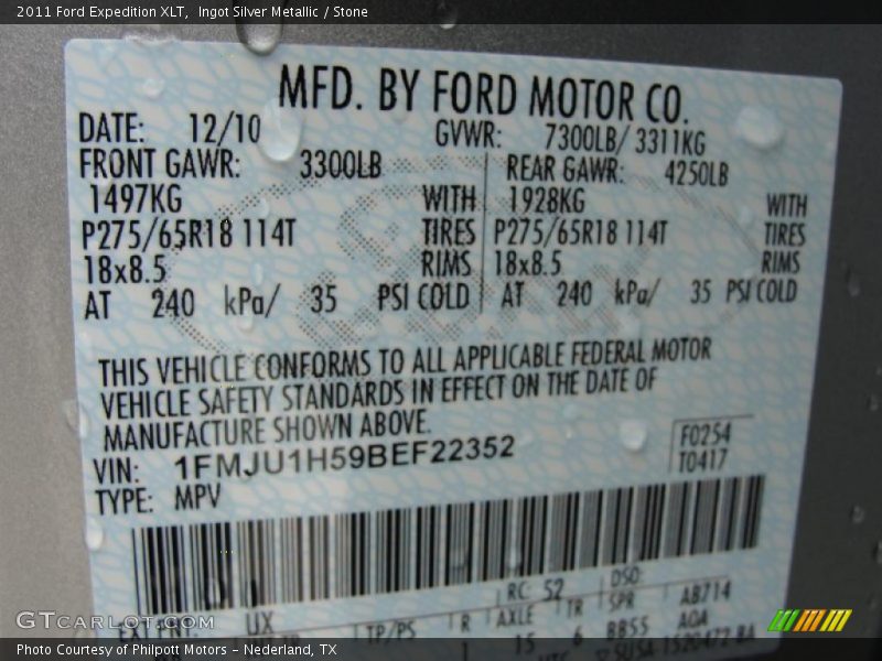 2011 Expedition XLT Ingot Silver Metallic Color Code UX