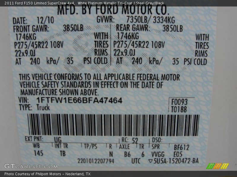 2011 F150 Limited SuperCrew 4x4 White Platinum Metallic Tri-Coat Color Code UG