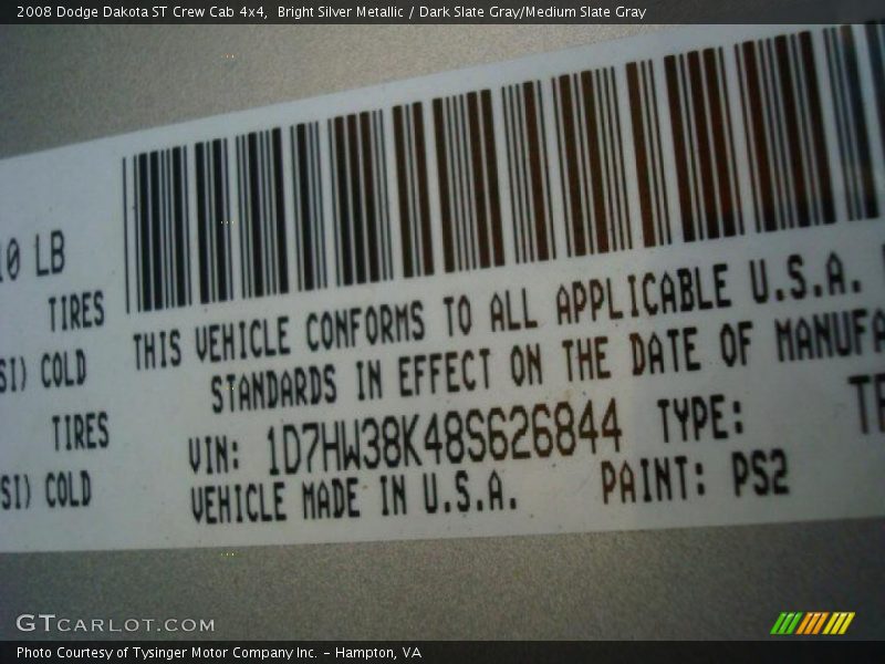 Bright Silver Metallic / Dark Slate Gray/Medium Slate Gray 2008 Dodge Dakota ST Crew Cab 4x4