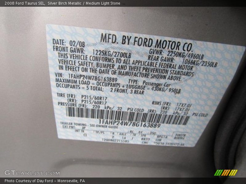 Silver Birch Metallic / Medium Light Stone 2008 Ford Taurus SEL