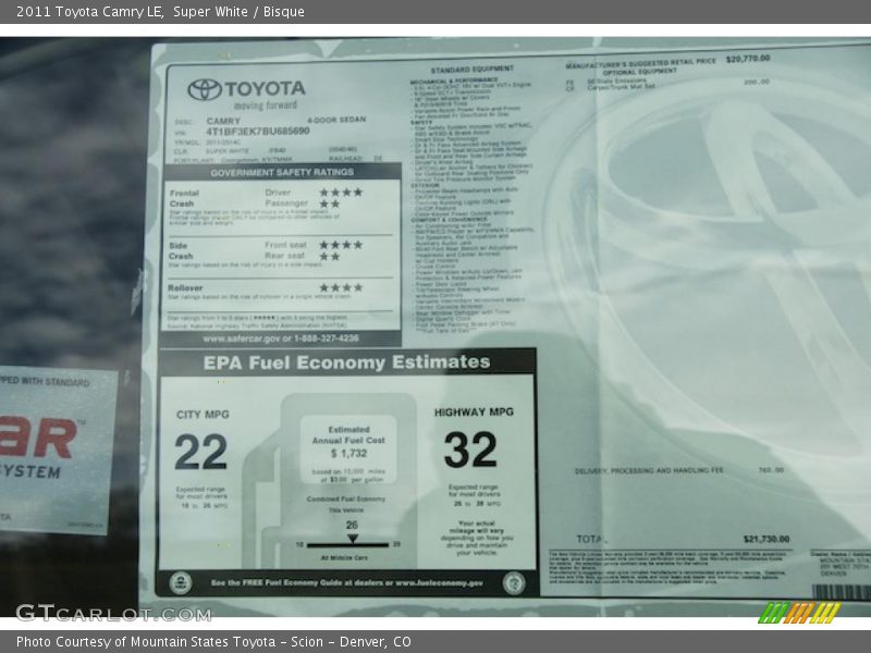  2011 Camry LE Window Sticker