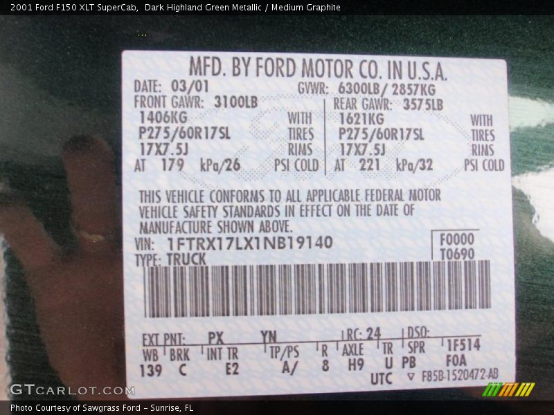 2001 F150 XLT SuperCab Dark Highland Green Metallic Color Code PX
