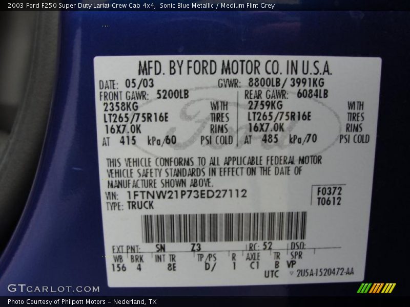 Sonic Blue Metallic / Medium Flint Grey 2003 Ford F250 Super Duty Lariat Crew Cab 4x4