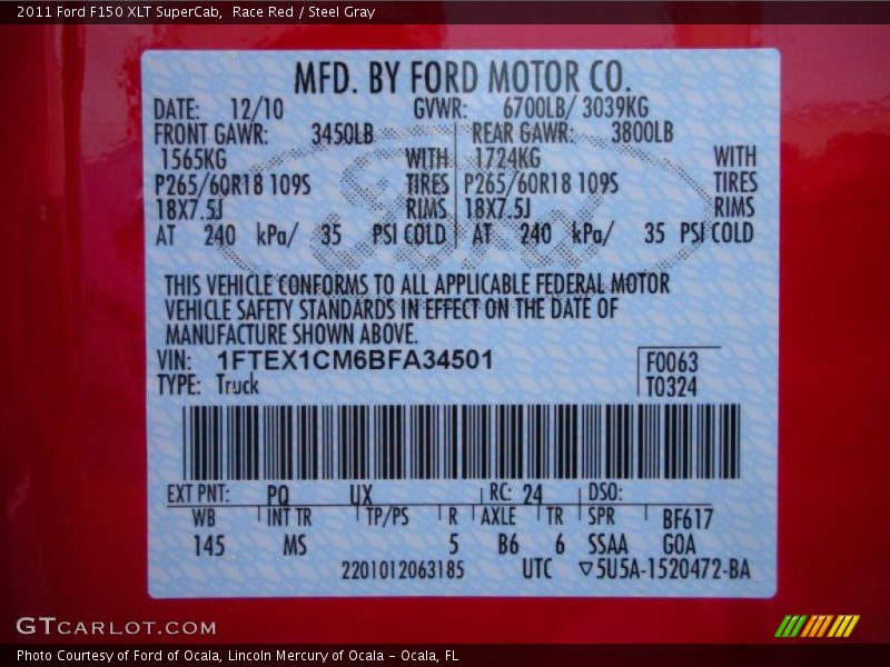 2011 F150 XLT SuperCab Race Red Color Code PQ