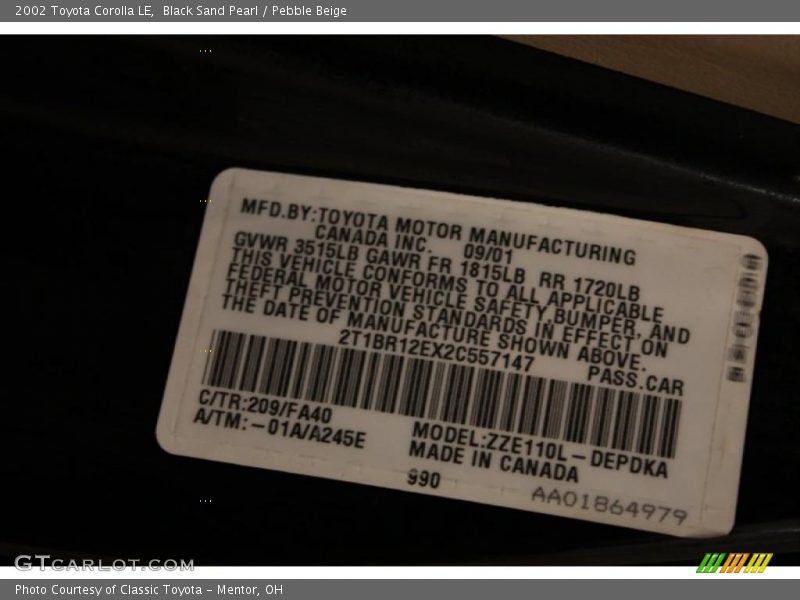 Black Sand Pearl / Pebble Beige 2002 Toyota Corolla LE