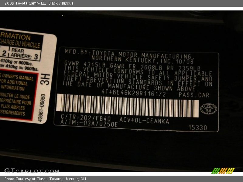 Black / Bisque 2009 Toyota Camry LE