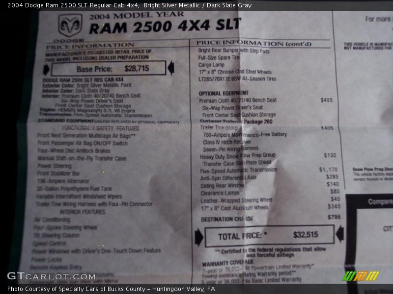  2004 Ram 2500 SLT Regular Cab 4x4 Window Sticker