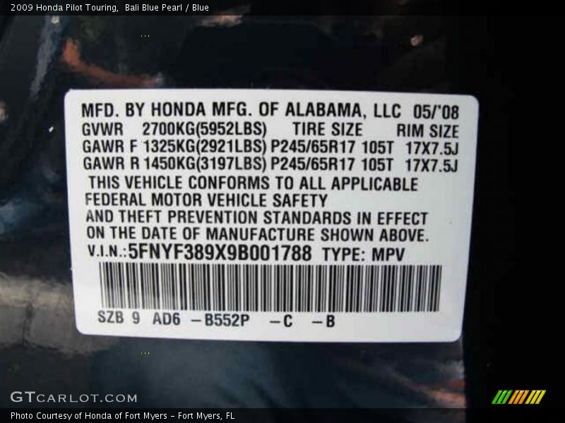 2009 Pilot Touring Bali Blue Pearl Color Code B552P