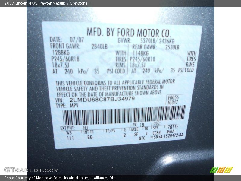 2007 MKX  Pewter Metallic Color Code HJ