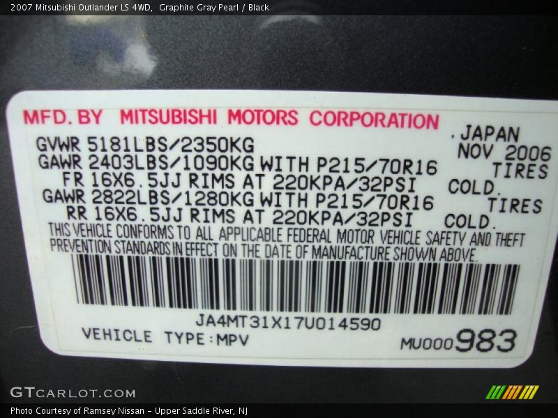 Graphite Gray Pearl / Black 2007 Mitsubishi Outlander LS 4WD