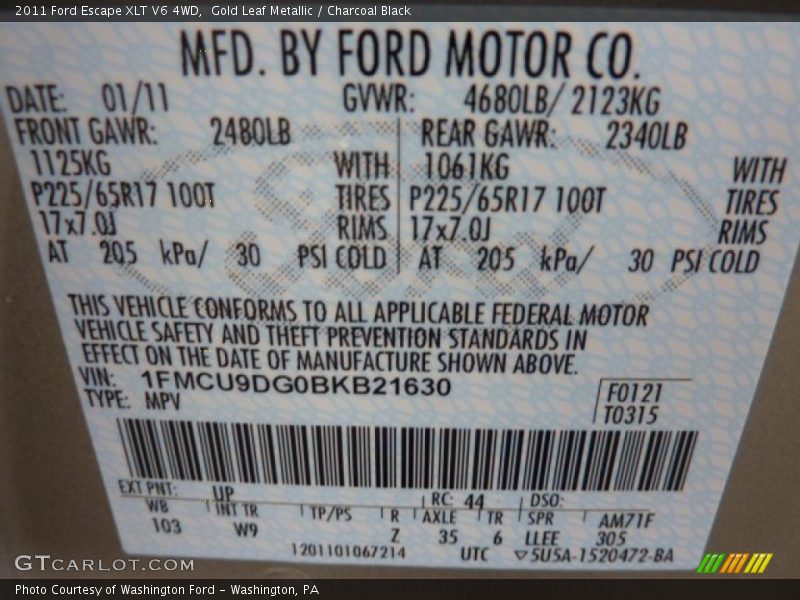 Gold Leaf Metallic / Charcoal Black 2011 Ford Escape XLT V6 4WD