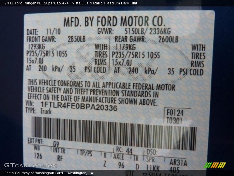 Vista Blue Metallic / Medium Dark Flint 2011 Ford Ranger XLT SuperCab 4x4