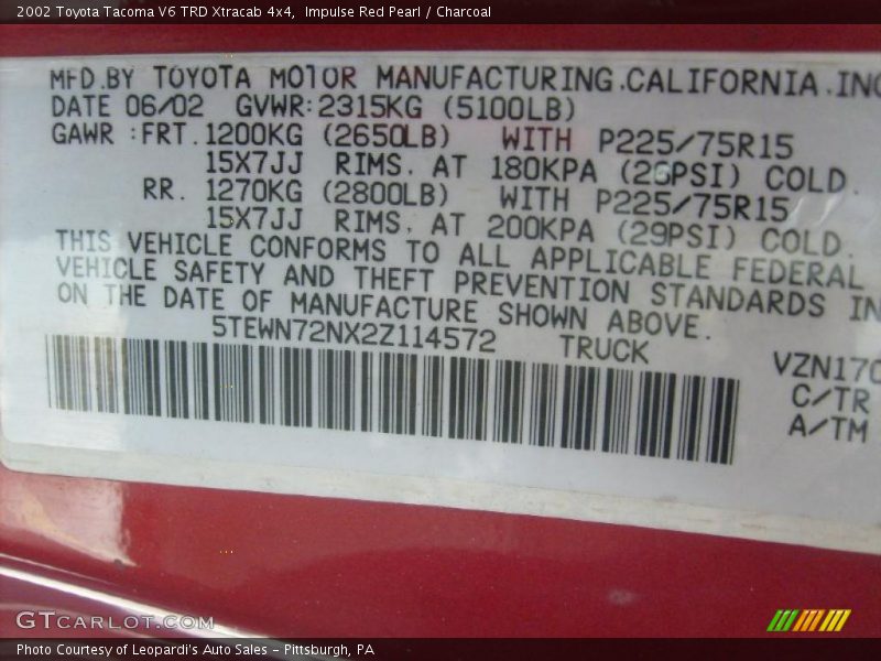 Impulse Red Pearl / Charcoal 2002 Toyota Tacoma V6 TRD Xtracab 4x4