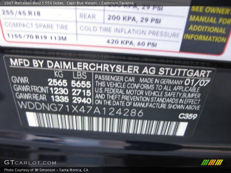 Capri Blue Metallic / Cashmere/Savanna 2007 Mercedes-Benz S 550 Sedan