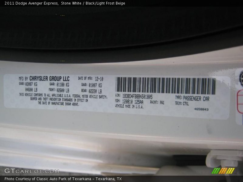 Stone White / Black/Light Frost Beige 2011 Dodge Avenger Express