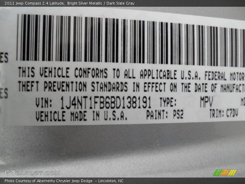 2011 Compass 2.4 Latitude Bright Silver Metallic Color Code PS2