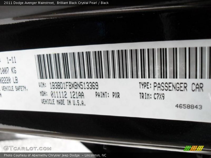 2011 Avenger Mainstreet Brilliant Black Crystal Pearl Color Code PXR