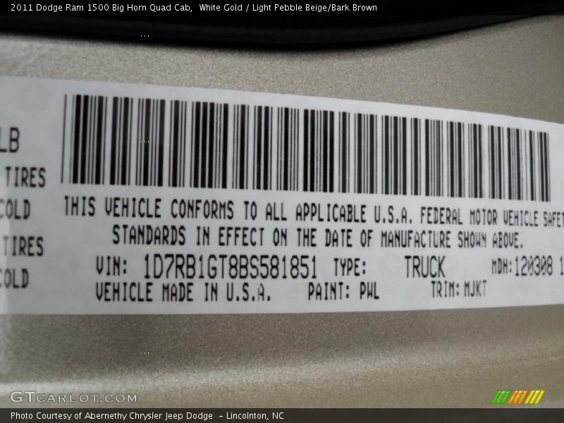 2011 Ram 1500 Big Horn Quad Cab White Gold Color Code PWL