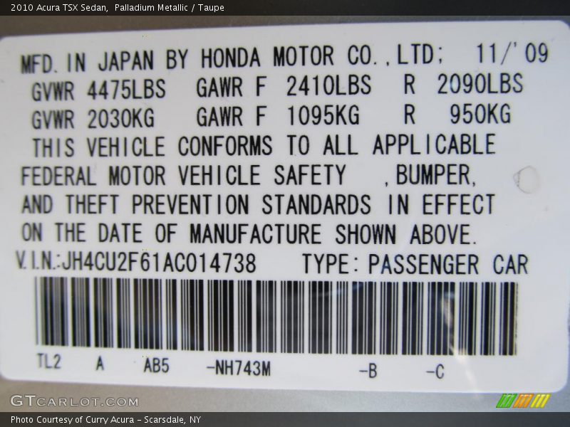 Palladium Metallic / Taupe 2010 Acura TSX Sedan